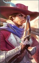 Clint wearing the Scarlet Musketeer skin, in-game portrait