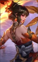 Hirara wearing the Gilded Embers skin, in-game portrait