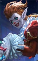 Karrie wearing the Jester skin, in-game portrait