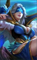 Pharsa wearing the Indigo Aviatrix skin, in-game portrait